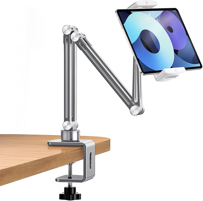 OATSBASF Phone and Tablet Holder Bed Gooseneck Mount, Aluminum Long Arm Foldable Lazy Stand, Universal 360 Degree Rotatable for iPhone, iPad, Tablet-Silver