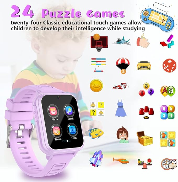 Retysaz Kids Smart Watch,24 Game Smart Watch for Kids, Fashion Smartwatches for Children 3-14 Great Gifts to Girls Boys (Purple)