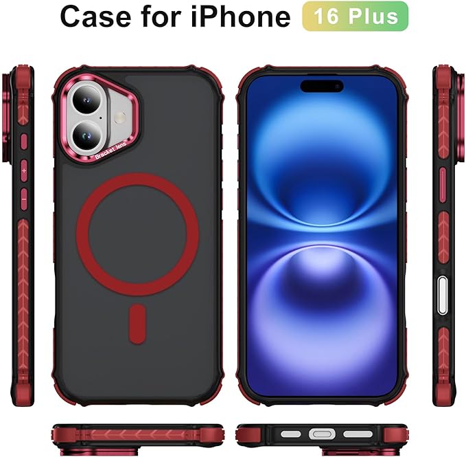 Magnetic for iPhone 16 Plus Case Red with MagSafe Wireless Charging Heavy Duty Military-Grade Shockproof Protection Adjustable Kickstand Slim Matte Anti-Fingerprint Cover Men Women