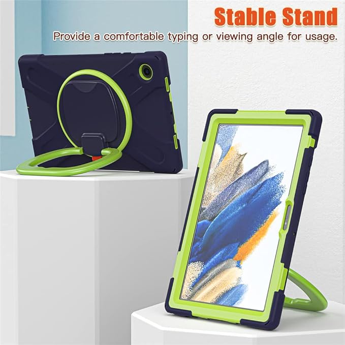 360 Rotation Case for Samsung Galaxy Tab A8 10.5" Sturdy Cover Rotate Ring Stand Shoulder Carrying Strap Hand Strap Rugged Children Adults Outdoor Case, Navy+Green