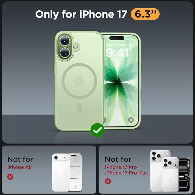 Miracase Magnetic for iPhone 17 Case (Compatible with MagSafe) with Screen Protector Military-Grade Protection, Anti-Fingerprint Translucent Matte Phone Cover for iPhone 17 6.3 inch, Matcha Green