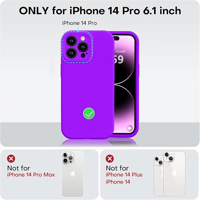 Vooii Compatible with iPhone 14 Pro Case, Liquid Silicone Upgrade [Camera Protection] [Soft Anti-Scratch Microfiber Lining] Shockproof Phone Case for iPhone 14 Pro 6.1 inch - Neon Purple