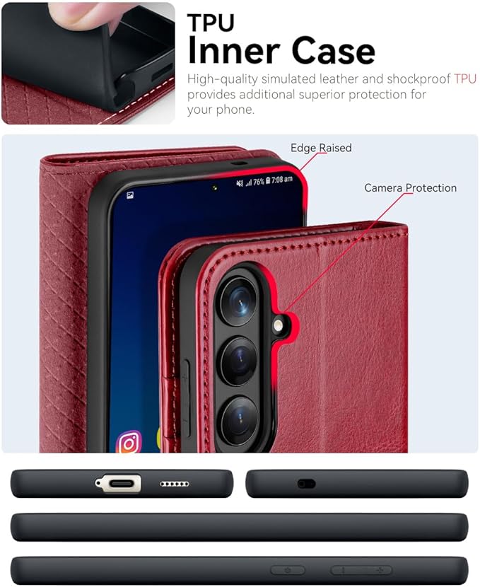 OCASE Compatible with Galaxy S25 Plus Wallet Case, PU Leather Flip Folio Case with Card Holders RFID Blocking Kickstand [Shockproof TPU Inner Shell] Protective Phone Cover 6.7 Inch 2025, Red