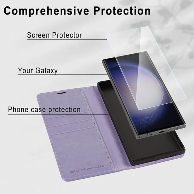 MONASAY Wallet Case Compatible for Galaxy S23 Ultra 5G,[RFID Blocking] Flip Folio Leather Cell Phone Cover with Credit Card Holder, 6.8 inch, Lavenders