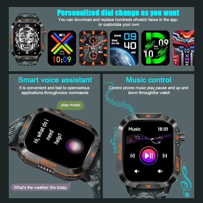 Military Smartwatch for Men, LED Flashlight Bluetooth Call IP68 Waterproof Heart Rate Blood Oxygen Sleep Tracker Fitness Pedometer Android/iOS Compatible - Ideal for Hunting Hiking Extreme Sports