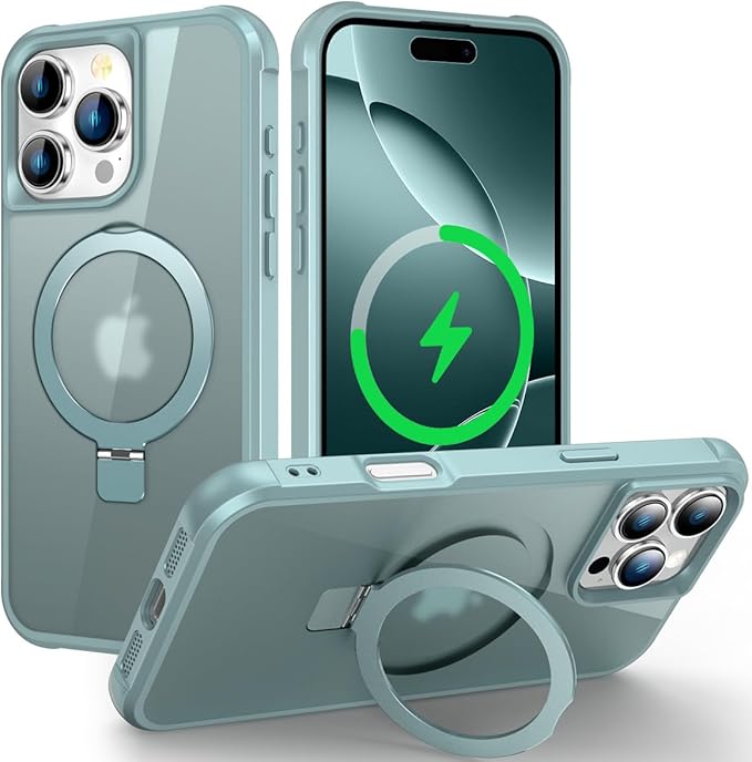 Magnetic Compatible with iPhone 16 Pro Case with Stand [Military Grade Drop Tested][Compatible with Magnet] Ring Translucent Slim Hard Back Soft Edge, Teal Green