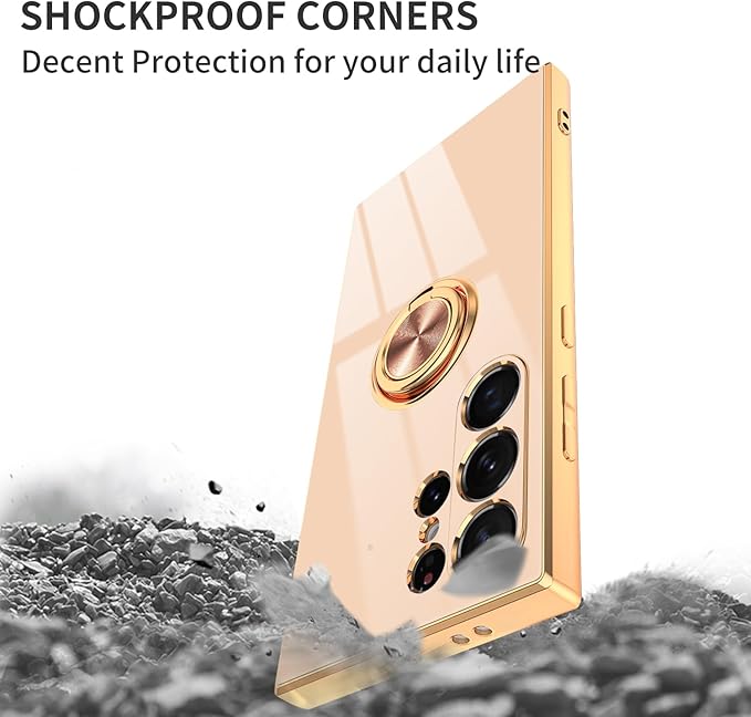 Dinick Pink for Samsung Galaxy S24 Ultra Case with Ring Holder Kickstand [with Magnetic] Soft TPU Bumper, Glitter Gold Electroplated Cover Slim Thin Protective Phone Case for Galaxy S24 Ultra