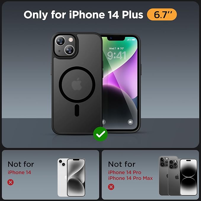 Miracase Magnetic for iPhone 14 Plus Case 6.7 inch (Compatible with MagSafe)（with 2X Screen Protectors） Military-Grade Protection, Anti-Fingerprint Translucent Matte Phone Case Cover, Black