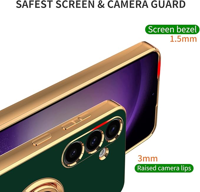 Dinick Green for Samsung Galaxy S24 Case with Ring Holder Kickstand [with Magnetic] Soft TPU Bumper, Glitter Gold Electroplated Cover Slim Thin Protective Phone Case for Galaxy S24