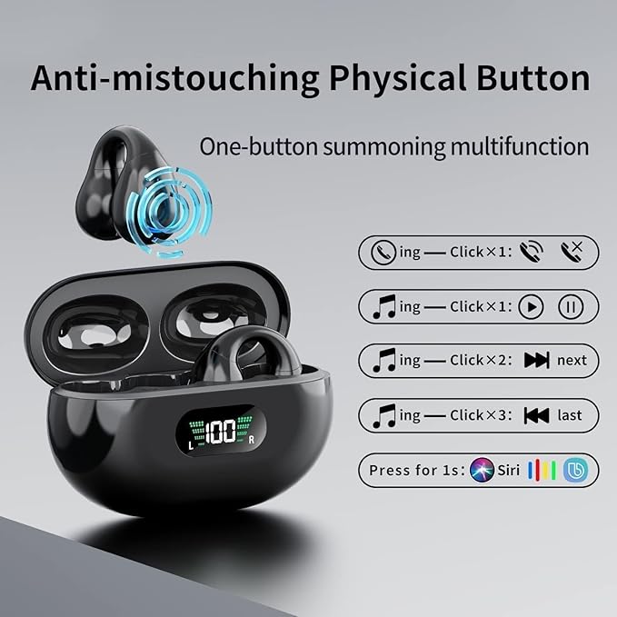 Open Ear Bone Conduction Headphones Bluetooth 5.3 Wireless Clip On Earbuds with Digital Display Charging Case 60 Hours Playtime Sport Earphones Built-in Mic IPX7 Waterproof for Running Fitness Black
