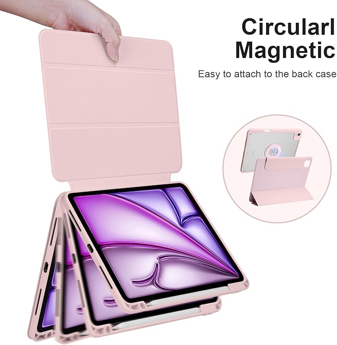 Case for iPad Air 13 Inch M3/M2 2025/2024, iPad Pro 12.9 Inch 6th/5th Generation 2022/2021 with Pencil Holder, Vertical Stand, Detachable Magnetic Trifold Stand Case,Auto Wake/Sleep, Pink