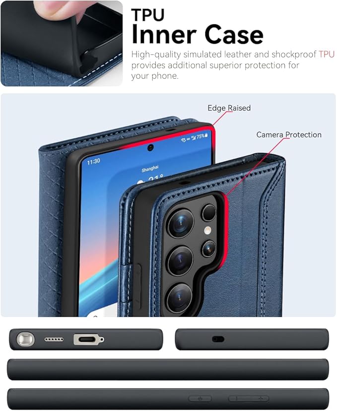 OCASE Compatible with Galaxy S25 Ultra Wallet Case, PU Leather Flip Folio Case with Card Holders RFID Blocking Kickstand [Shockproof TPU Inner Shell] Protective Phone Cover 2025, Retro Blue