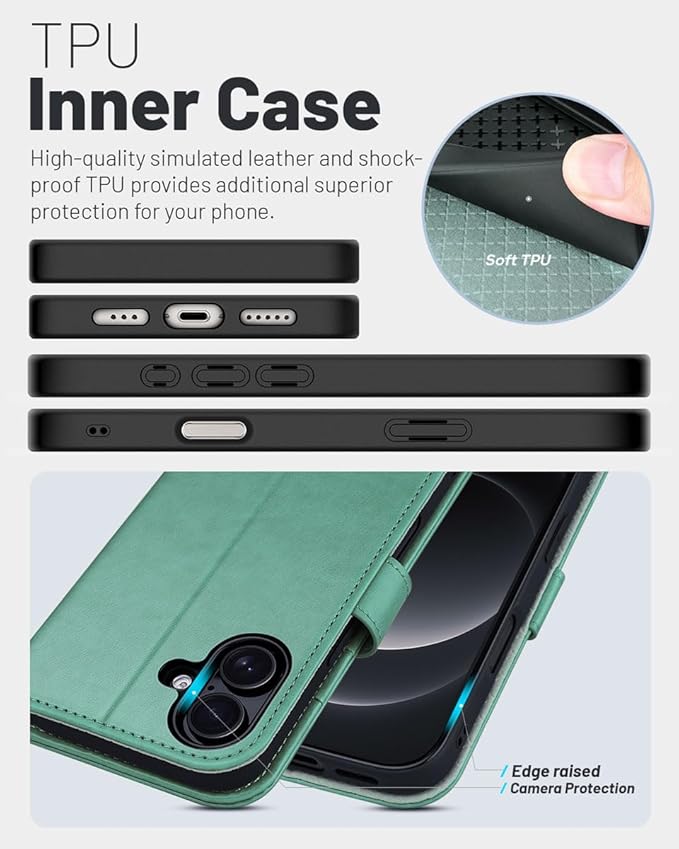 OCASE Compatible with iPhone 16 Wallet Case, PU Leather Flip Folio Case with Card Holders RFID Blocking Kickstand [Shockproof TPU Inner Shell] Phone Cover 6.1 Inch 2024, Green