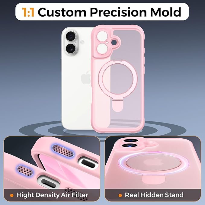 MOCCA Compatible with iPhone 17 Case with Magnetic Invisible Stand [Full Camera Protection] [Compatible with Magsafe] Military Drop Shockproof Translucent Matte Phone Case Cover 6.3",Pink