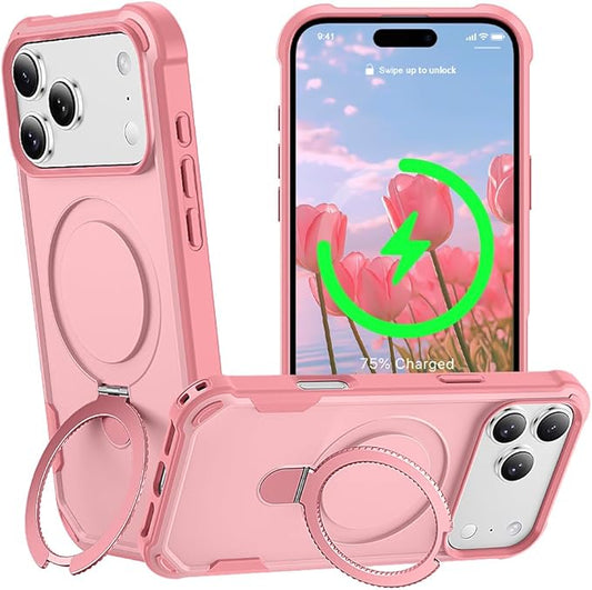 Designed for iPhone 17 Pro Case with Magnetic Stand [Military Drop Protection][Compatible with Magnet] Shockproof 17 Pro Phone Case with Ring Holder, Pink