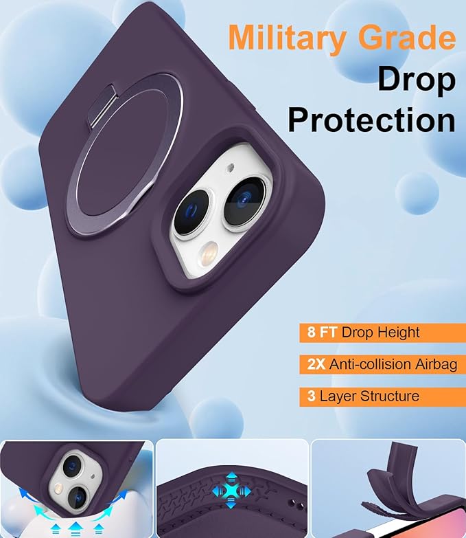 ZHK Liquid Silicone Designed for iPhone 15 Case with Magnet Stand, [Mil-Grade Drop Shockproof][Soft Anti-Scratch Microfiber Lining] Slim Fit Cover, Purple