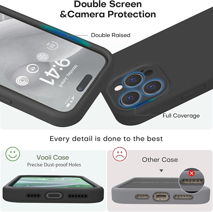 Vooii Compatible with iPhone 15 Pro Case, Upgrade Defender Liquid Silicone, [Enhanced Camera Protection] [Soft Anti-Scratch Microfiber Lining] Shockproof Phone Case for iPhone 15 Pro 6.1 inch - Black