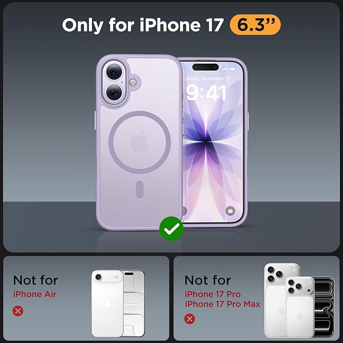 Miracase Magnetic for iPhone 17 Case (Compatible with MagSafe) with Screen Protector Military-Grade Protection, Anti-Fingerprint Translucent Matte Phone Cover for iPhone 17 6.3 inch, Light Purple