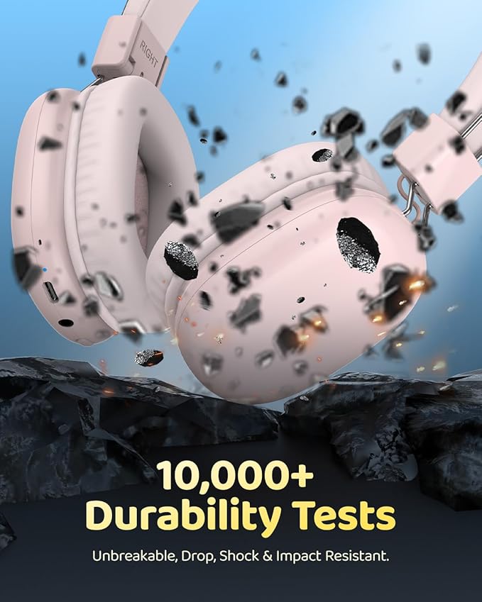 Kids Bluetooth Headphones, Over-Ear Wireless Headphones with Microphone, Safe-Volume 85dBA, Bluetooth 5.4, Foldable Lightweight and Comfortable, 50H Playtime, USB-C Charging, Pink