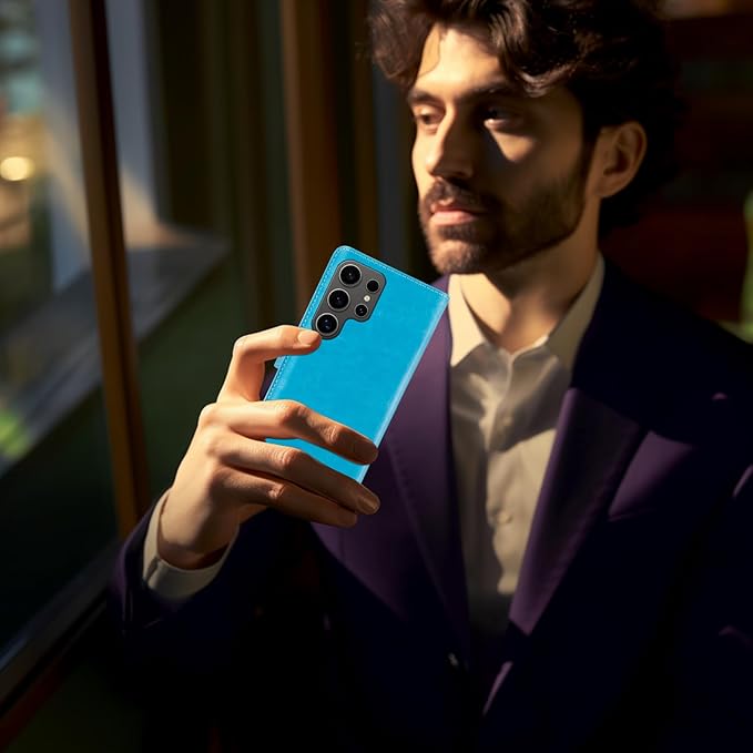 MONASAY Wallet Case Fit for Samsung Galaxy S24 Ultra 5G，[Lens & Glass Screen Protector] [RFID Blocking] Flip Folio Leather Cell Phone Cover with Credit Card Holder, 6.8 inch, Light Blue