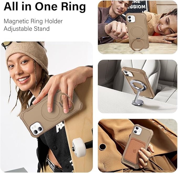 Designed for iPhone 12 & 12 Pro Case with Magnetic Stand [Military Drop Protection][Compatible with Magnet] Shockproof 12 & 12 Pro Phone Case with Ring Holder, Khaki