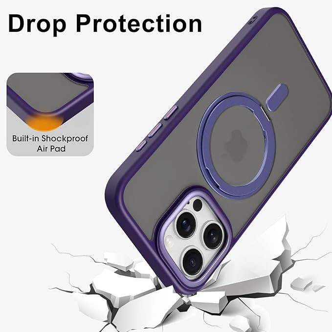 ZIYE Magnetic Case for iPhone 16 Pro Case with Stand [Compatible with MagSafe] Slim Shockproof Military Grade Heavy Duty Cover with 360 Rotatable Ring Kickstand for Women Men, Translucent Purple