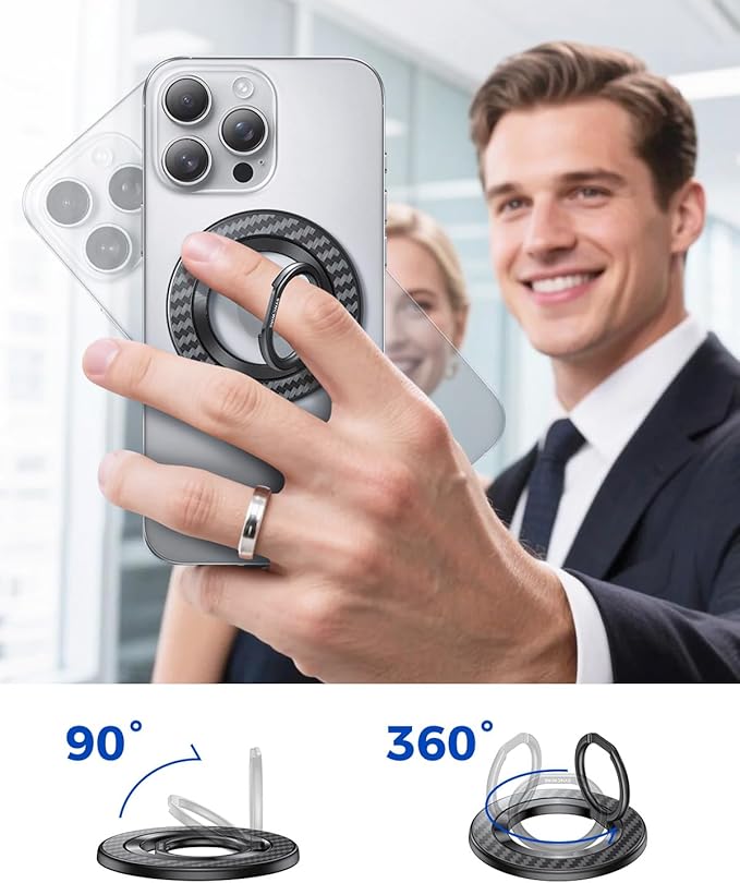 SYNCWIRE Carbon Fiber Magnetic Phone Ring Holder for MagSafe - Magnet Phone Grip Stand with 360° Rotation & Reinforced Hinge Compatible with iPhone 16 15 14 13 Pro Max Plus MagSafe Accessories