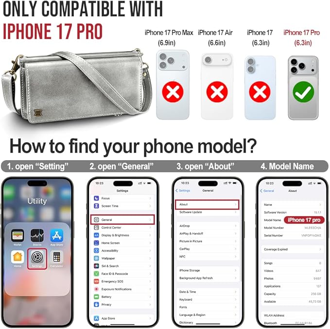 for iPhone 17 Pro Wallet Phone Case with 7 Card Holder,RFID Blocking | PU Leather | Kickstand | Flip | Wrist Strap&Shoulder Strap | Shockproof | Zipper Wallet | Women Men | 6.3" | Silvery