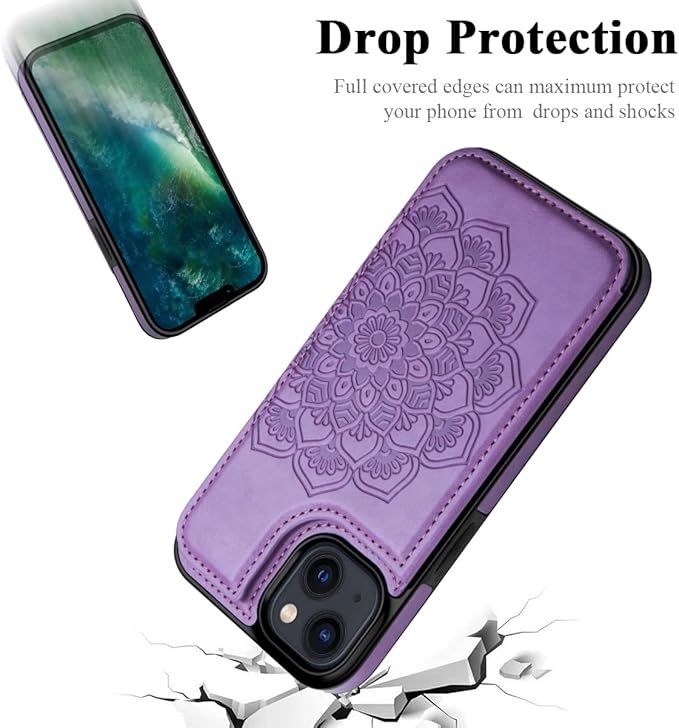 MMHUO for iPhone 14 Case with Card Holder, Flower Magnetic Back Flip Case for Women, Protective Case Phone Case for iPhone 14, Purple