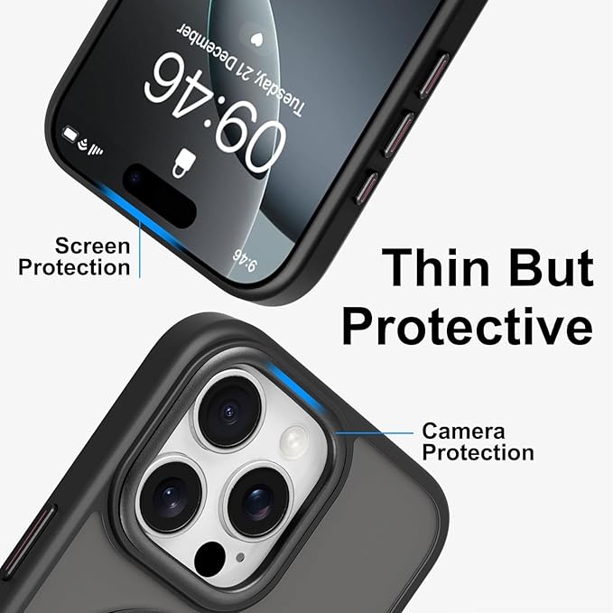 ZIYE Magnetic Case for iPhone 16 Pro Max Case with Stand [Compatible with MagSafe] Slim Shockproof Military Grade Heavy Duty Cover with 360 Rotatable Ring Kickstand for Women Men, Translucent Black
