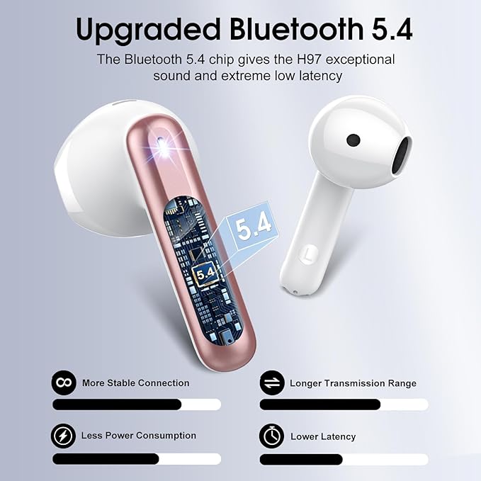 Wireless Earbuds, Bluetooth 5.4 Headphones with 3D Bass Stereo, 40H Ultralight in-Ear Buds, Bluetooth Earbuds with 4 ENC Noise Cancelling Mic, USB-C, IP7 Waterproof Earphones for Android iOS, Rose