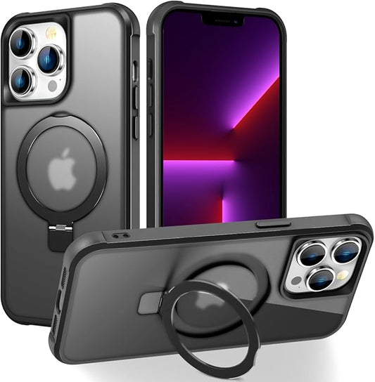 Magnetic Compatible with iPhone 13 Pro Case with Stand [Military Grade Drop Tested][Compatible with Magnet] Ring Translucent Slim Hard Back Soft Edge, Black