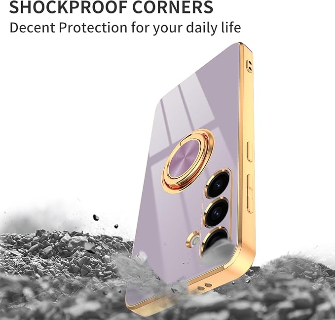 Dinick Purple for Samsung Galaxy S24 Case with Ring Holder Kickstand [with Magnetic] Soft TPU Bumper, Glitter Gold Electroplated Cover Slim Thin Protective Phone Case for Galaxy S24