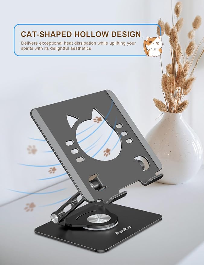 Tablet Stand 360° Rotating Aluminum Holder, Adjustable, Portable and Foldable Monitors Stand for iPads, Compatible with 4-12.9" Tablets, Ink Black