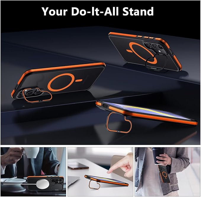 TIANNIUKE for Samsung Galaxy S24 Case, Compatible with MagSafe, Anty-Slip Grip,Military-Grade Protective, Adjustable Kickstand Phone Case, Magnetic Case (Orange)