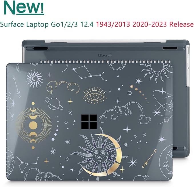 Tuiklol Case for 12.4 Inch Microsoft Surface Laptop Go 3/2 / 1 2023-2020 Releases, Plastic Hard Shell Case with Screen Protector and Keyborad Cover +Dust Plugs Model 2013/1943,Star and Moon