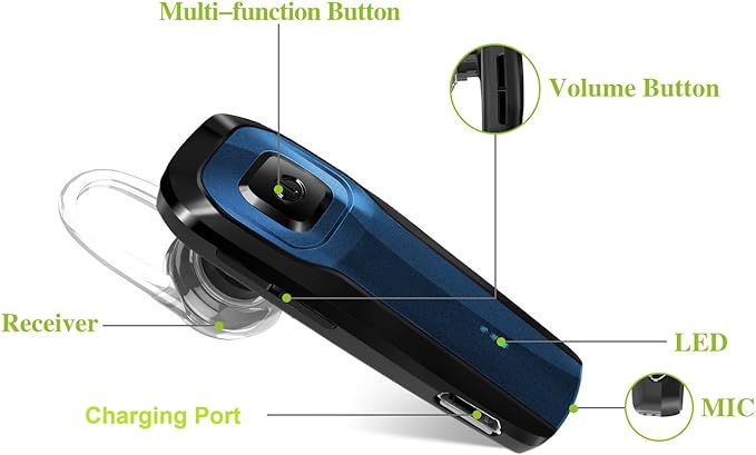 Bluetooth Earpiece, M26 Bluetooth Headset Handsfree V5.0 Wireless Earpiece Headphone with Noise Reduction and Microphone Compatible for Android iPhone Cell Phone Laptop - Blue