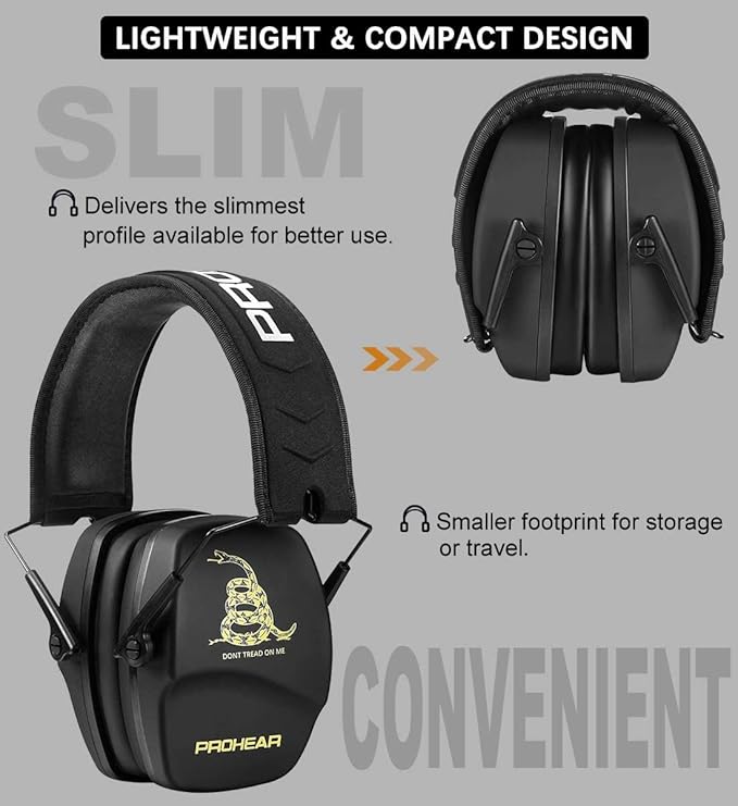 PROHEAR 016 Ear Protection Safety Earmuffs for Shooting, NRR 26dB Noise Reduction Slim Passive Hearing Protector with Low-Profile Earcups, Compact Foldable Ear Defenders for Gun Range, Hunting (DTOM)