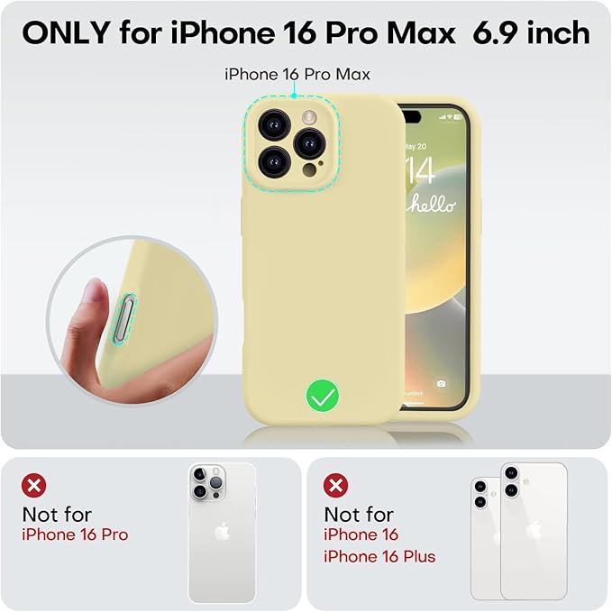 Vooii Compatible with iPhone 16 Pro Max Case, Liquid Silicone Upgrade [Camera Protection] [Soft Anti-Scratch Microfiber Lining] Shockproof Phone Case for iPhone 16 Pro Max 6.9 inch - Creamy Yellow