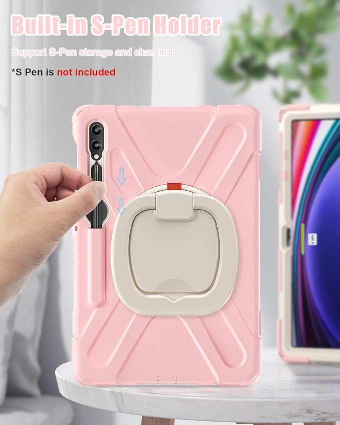 BRAECN Case for Samsung Galaxy Tab S10+/S9 FE+/S9+ 12.4” 2024, Rugged Silicone Cover with Shoulder Strap/S Pen Holder/Screen Protector/Kickstand/Handle Grip for Tab S9+/S8+/S7 FE/S7+, Sakura Pink