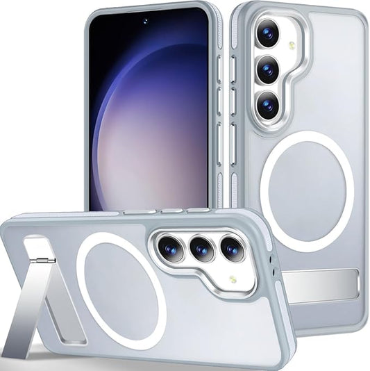 Case for Samsung Galaxy S25 Compatible with Magsafe, Built-in Kickstand for Translucent Matte S25 Phone Case, Non-Slip TPU Cover Drop Protection Magnetic Case for Galaxy S25 (Grey/White)