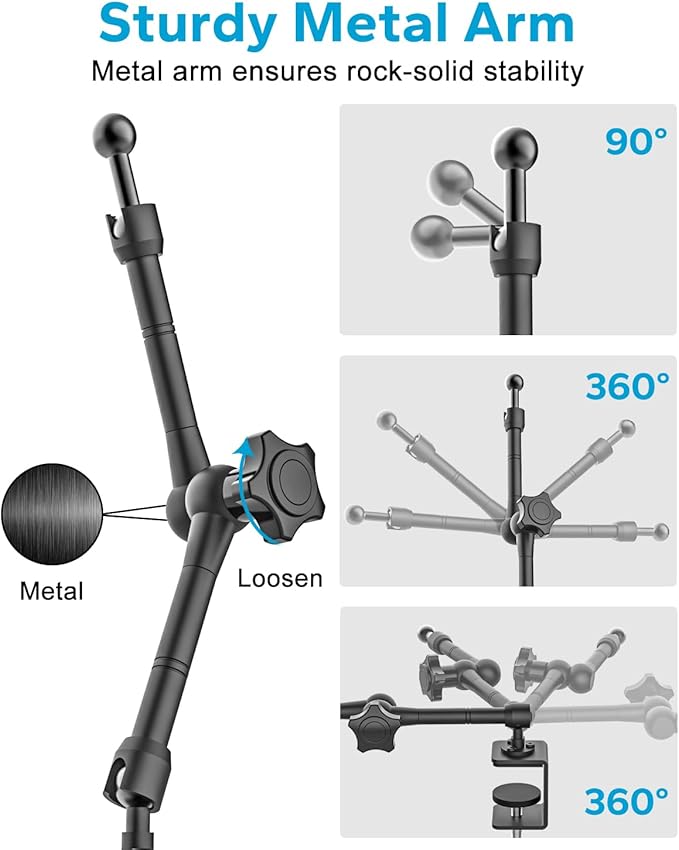 16" Tablet Stand Holder for Desk, Under Cabinet, Shelf, Bed, [Metal Arm] 360° Adjustable Tablet Holder Clamp Compatible with iPad Pro/Air/Mini, Kindles, Fire HD, Galaxy Tabs and All 4.7-16" Tablets