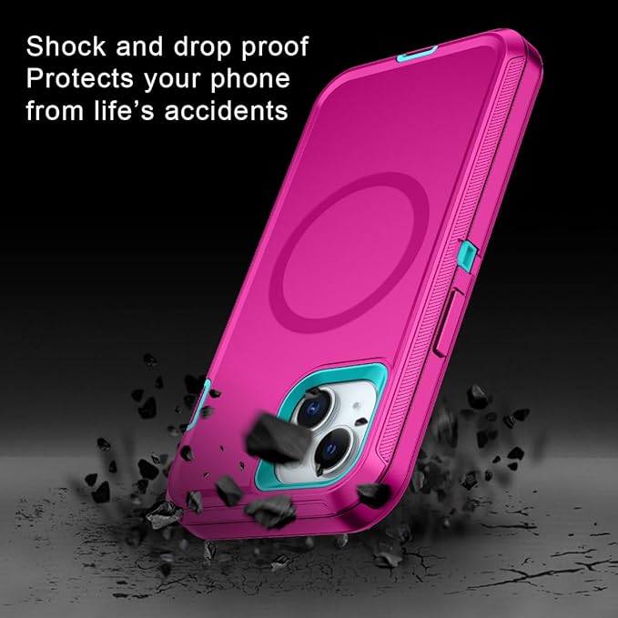 for iPhone 14 Plus Case,iPhone 15 Plus Case [Compatible with MagSafe] Shockproof 3-Layer Full Body Protection Rugged Heavy Duty Cover for Apple iPhone 14/15 Plus 6.7",Rose Red/Green