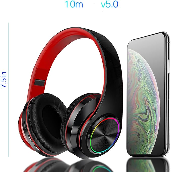 Wireless Bluetooth Headphones with Colorful LED Lights, Built-in Mic, Light Weight, Foldable, Wired HiFi Stereo Headphones for Classroom/Home Office/PC/Mobile Phone/Kids Adult (Black Red)