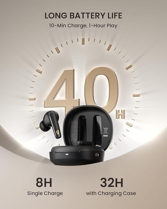 Wireless in-Ear Earbuds with 4 Mics ENC Call-Enhancing Rophones, 40H Playtime, Bluetooth 5.4, IPX5 Waterproof, True Wireless Earbuds for Laptops, Tablets, Smartphones, and Gym Workouts, Black