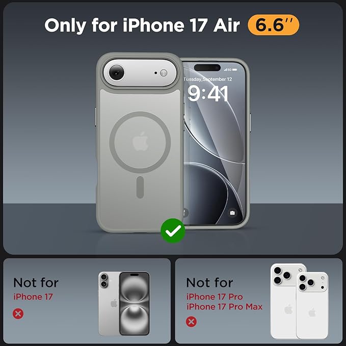 Miracase Magnetic for iPhone Air Case 2025 with Screen Protector(Compatible with MagSafe), Slim Thin Translucent Matte Military-Grade Protected Phone Cover for iPhone 17 Air 6.5" Armbands, Light Gray