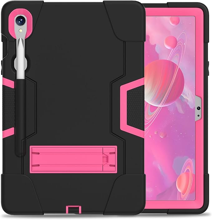 Case for Galaxy Tablet S9 FE & S9 2023 (SM-X710/X718U/X716B/X510/X516B), Soft Silicone & Hard Pc 3-Layer Military Protector Cover for Tab S9 11" with S-Pen Holder Stand case Black+Rose Red