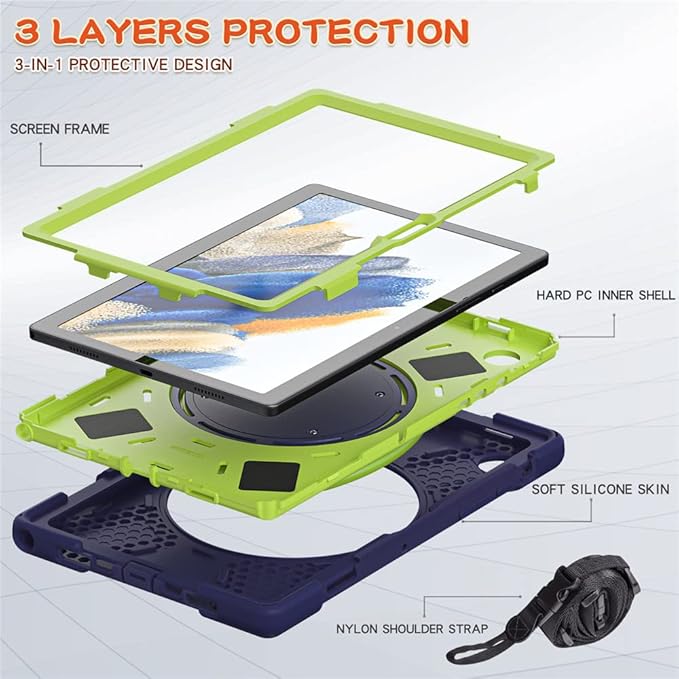 360 Rotation Case for Samsung Galaxy Tab A8 10.5" Sturdy Cover Rotate Ring Stand Shoulder Carrying Strap Hand Strap Rugged Children Adults Outdoor Case, Navy+Green