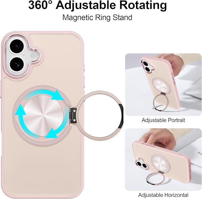 ZIYE Baby Pink Case for iPhone 16 Case with Stand [Compatible with MagSafe] Slim Heavy Duty Protection Military Grade Shockproof Magnetic Cover with 360 Rotatable Ring Kickstand for Women Men