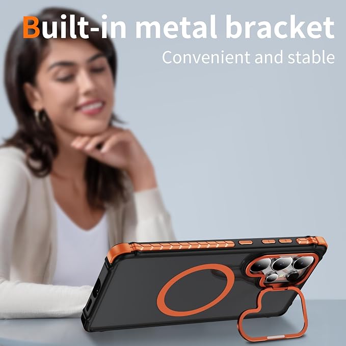 Magnetic for Samsung Galaxy S25 Ultra Case Orange Fit for MagSafe Military-Grade Shockproof Protection Adjustable Kickstand Slim Matte Anti-Fingerprint Cover Men Women